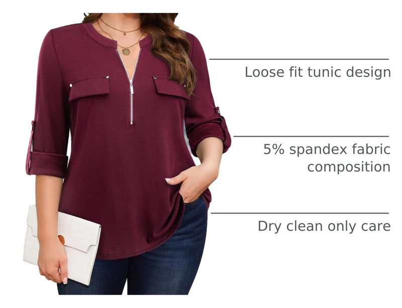 Bulotus Women's Plus Size 3/4 Sleeve Tunic Casual Top for Leggings, Burgundy, XX-Large - Image 4